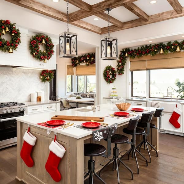 Farmhouse Black 1-Light 9.1 in. W Wood Cage Pendant Light Rustic Rectangle Kitchen Island Lantern Pendant Light