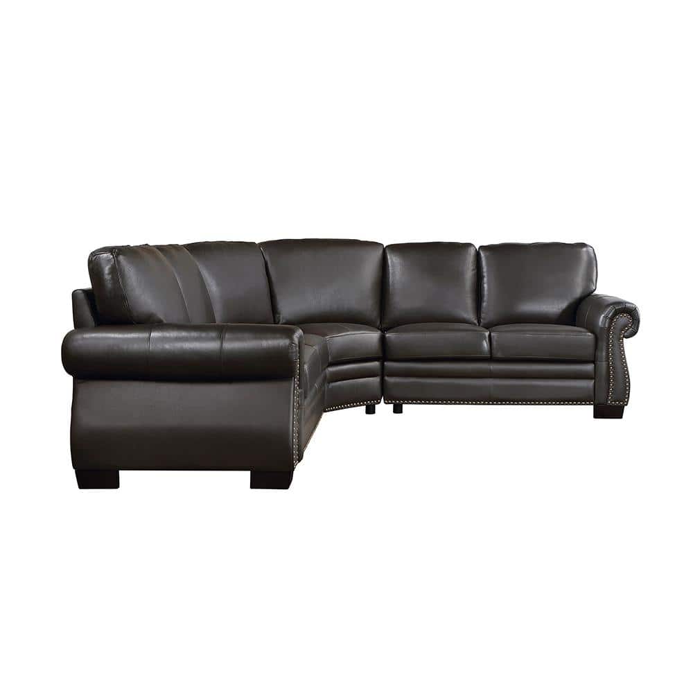 Foxcroft 88 in. Rolled Arm 3-piece Leather Sectional Sofa in Dark Brown