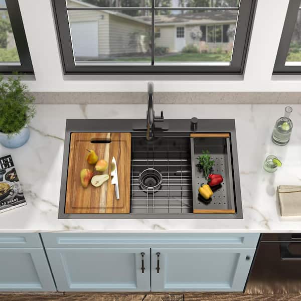 33 in. Drop-In Single Bowl Round Corners Gunmetal Black NANO-PVD Workstation Kitchen Sink,16 Gauge Stainless Steel sinks