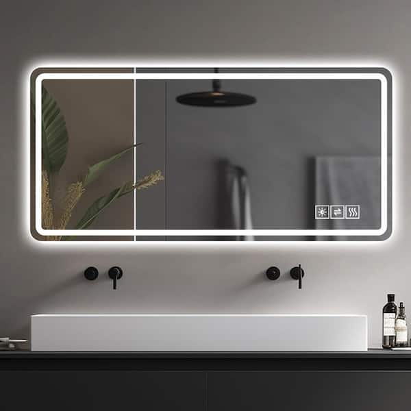 WELLFOR 60 in. W x 28 in. H Rectangular Frameless Dimmable Anti-Fog Wall Bathroom Vanity Mirror in Silver