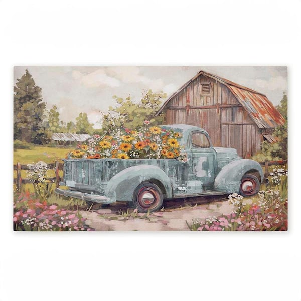 Vintage Truck with Flowers Brown 18 in. x 30 in. Polyester Non-Slip Outdoor Door Mat