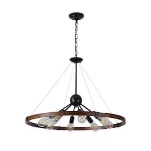 8-Light Walnut and Black Circle Chandelier for Kitchen, Living Room, Dining Room with No Bulbs Included