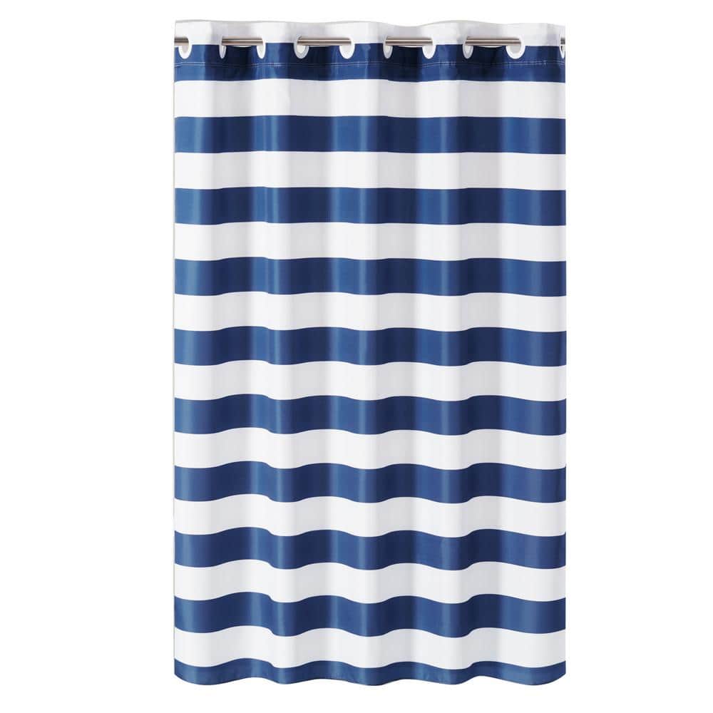 Navy and White Striped Hookless Fabric Shower Curtain with Liner