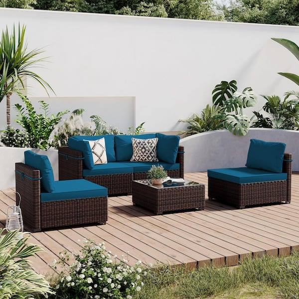 PATIO WATCHER 5-Piece Wicker Patio Conversation Seating Set with Deep Lake Blue Cushions and Coffee Table