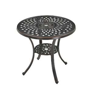 31 in. Round Antique Bronze Cast Aluminum Standard Height Outdoor Yard Bistro Table with Umbrella Hole