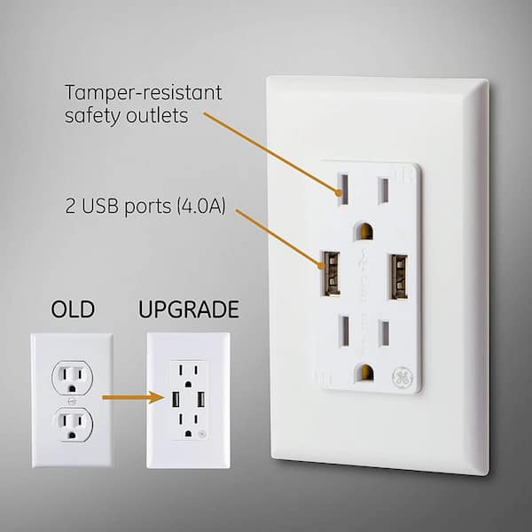 Single 1-Gang Electrical Socket Faceplate Switch 2 USB 2.4 AMP Charging Hubs 