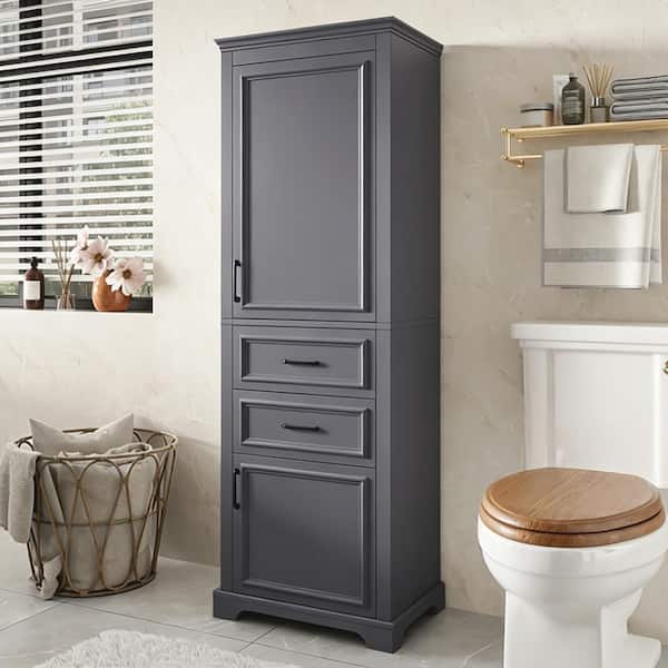71" Tall Gray Freestanding Bathroom Linen Cabinet with Adjustable Shelves,Amping-Hinge Doors and Drawers