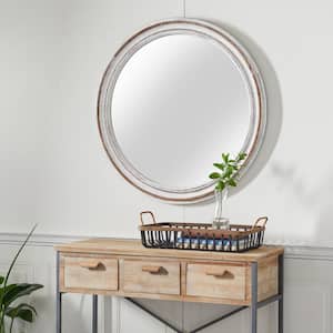 37 in. x 37 in. Round Framed White Wall Mirror with Bead Detailing