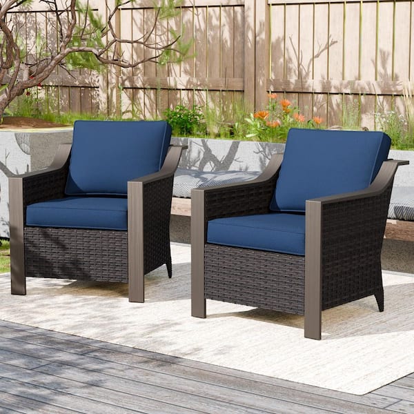 2-Piece Patio Wicker Outdoor Lounge Chair with Blue Cushions