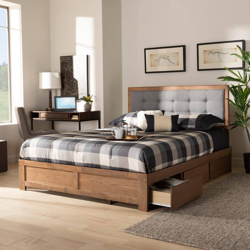 Ash Walnut King Upholstered Storage Bed with Tufted Headboard