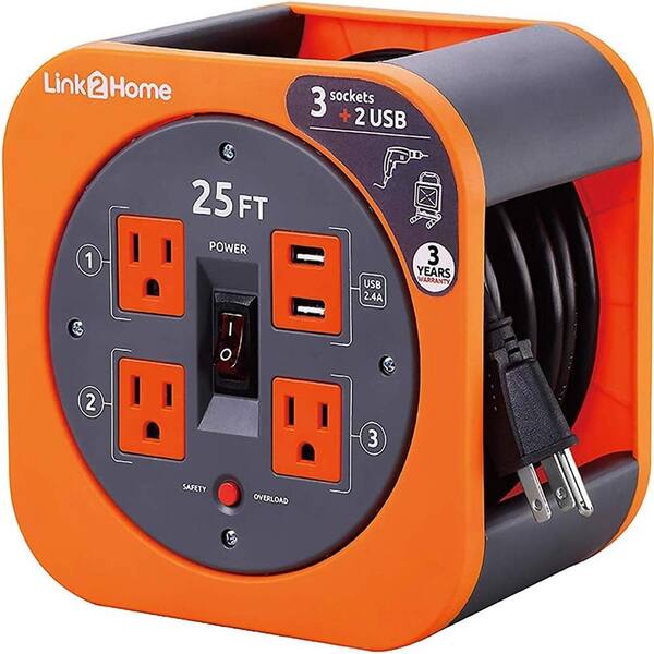 Etokfoks 25 ft. 16/3 Guage Power Cord 15 Amp Extension Cord Reel with 3 Grounded Outlets and 2 2