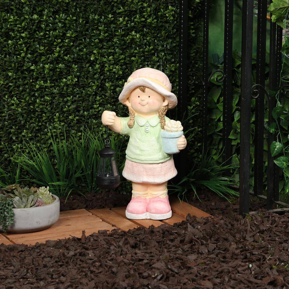 17" Tall Girl Holding Lantern Solar LED Light Statue