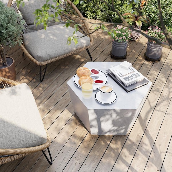 28 in. Indoor and Outdoor Patio Mgo Concrete Coffee Table in a Terrazzo White Texture Hexagon Design