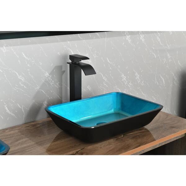 Flynama Glass Rectangular Vessel Bathroom Sink in Turquoise Finish with Matte Black Faucet and Pop-Up Drain