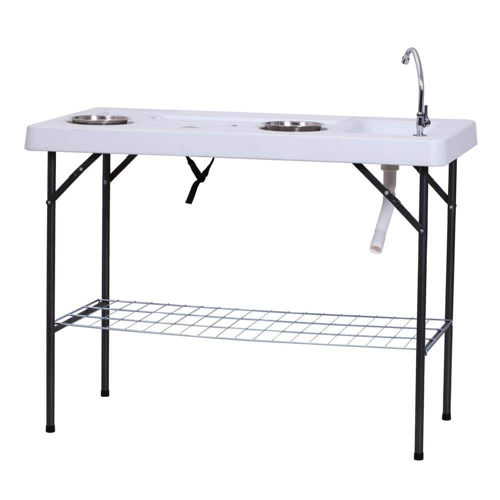 25.50 in. White Rectangle Steel Folding Picnic Tables, Fish Cleaning Table 