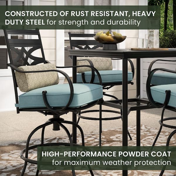 Montclair 5-Piece Steel Outdoor Bar Height Dining Set with Ocean Blue Cushions, Swivel Chairs and a 33 in. Dining Table