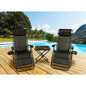 Black Fabric Metal Folding Zero Gravity Lawn Chair, 2 Chairs with Cupholders, 1 Table