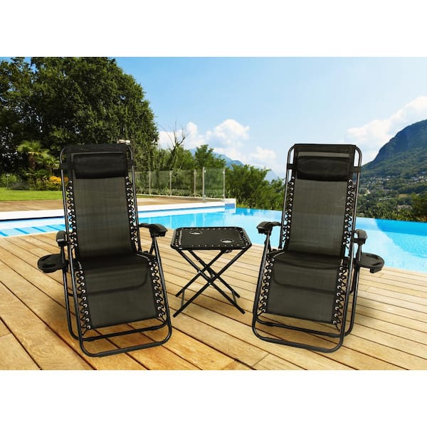 Patio Premier Black Fabric Metal Folding Zero Gravity Lawn Chair, 2 Chairs with Cupholders, 1 Table