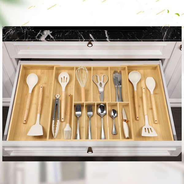 Bamboo Wood Silverware Organizer for Kitchen Drawer, Expandable from 16.7 in. to 30 in. Wide