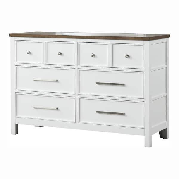 Beiring White and Dark Brown 6-Drawer 54 in. Dresser with Nickel Finish Mushroom Knob