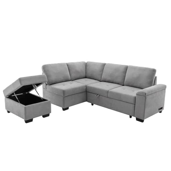 Nestfair 86 In Gray Linen Upholstered Twin Size Sofa Bed With Hidden Storage And Ottoman S100250a The