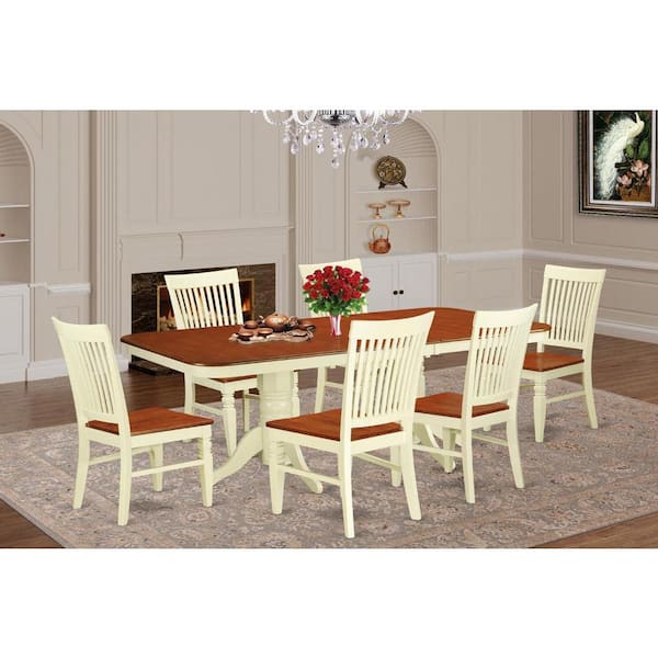 East West Furniture 7-Piece Buttermilk and Cherry Finish Solid Wood Top Dining Table with 6 Chairs with Lattice Back