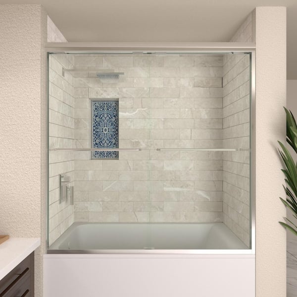 TaiMei 60 in. W x 56 in. H Sliding Semi Frameless Tub Door in Chrome Finish with Clear Glass