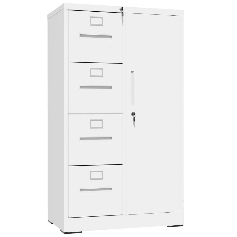 4-Drawer White Metal 30 in. W Vertical File Cabinet Lockable Storage Cabinet with 1 Door for School, Office