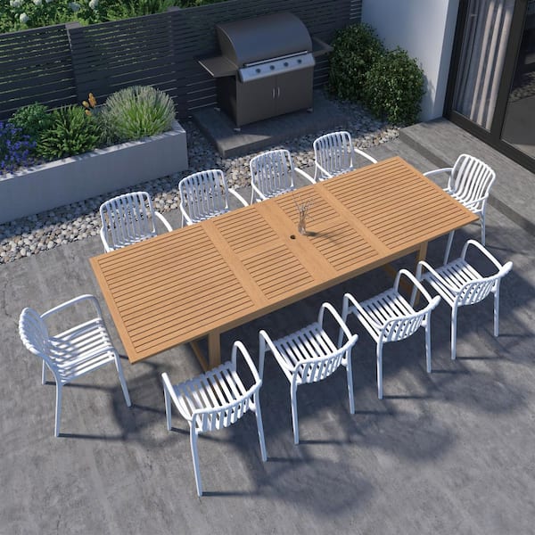 Amazonia Takamaka 11-Piece Teak Finish Wood 100% FSC Rectangular Patio Dining Set White