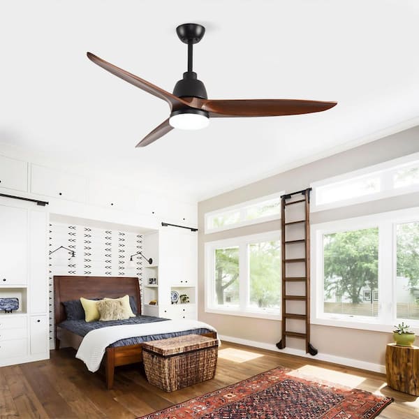 52 in. Indoor Black Flush Mount Standard Ceiling Fan with Light and Remote, Wood Blades, Noiseless DC Motor