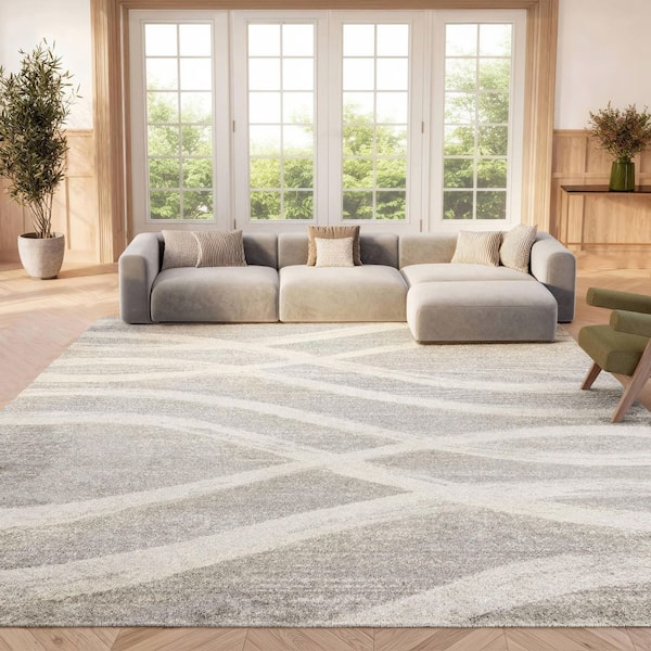 Adirondack 11 ft. x 15 ft. Gray/Cream Waves Area Rug