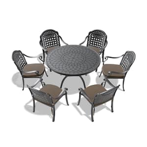 7-Piece Cast Aluminum Black Outdoor Dining Set with Random Colors Cushions and Carved Texture on Tabletop