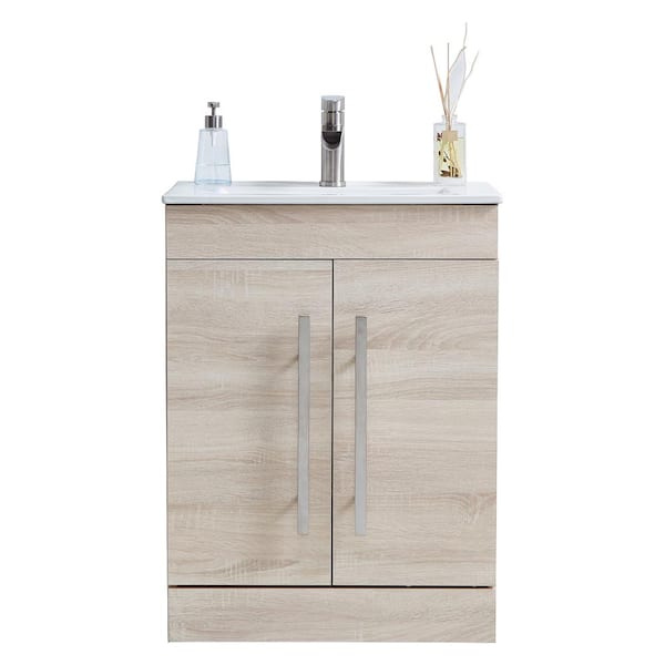 VC CUCINE 24 in. W x 15.16 in. D x 31 in. H Modern Bathroom Vanity in Grey Wood with Ceramic Top in White with White Sink