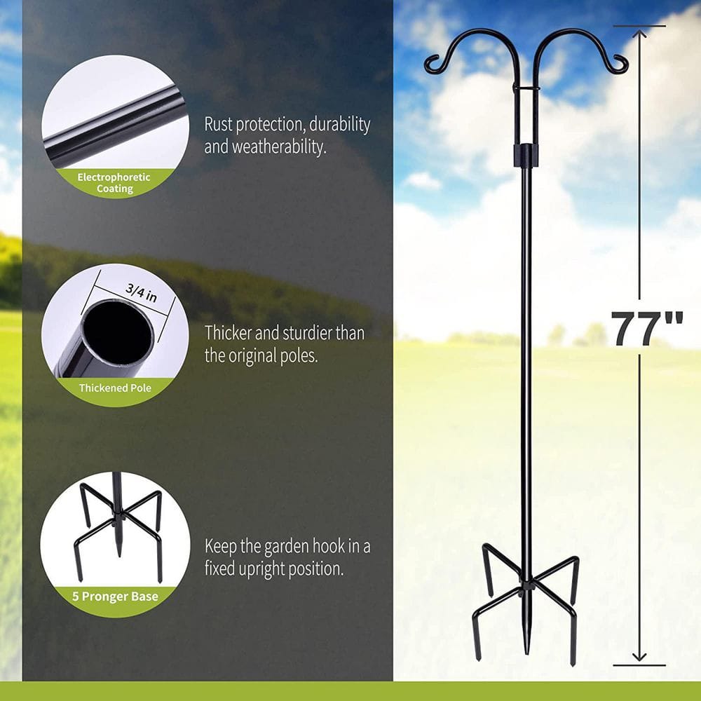Heavy Duty Black Metal Double Shepherd Hook for Outdoor Use