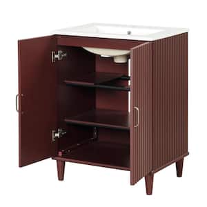 24 inDx33 in H Modern Elegant Freestanding Bathroom Vanity with 1 Sink,Doors,Ceramic Top and Adjustable Shelves,Red