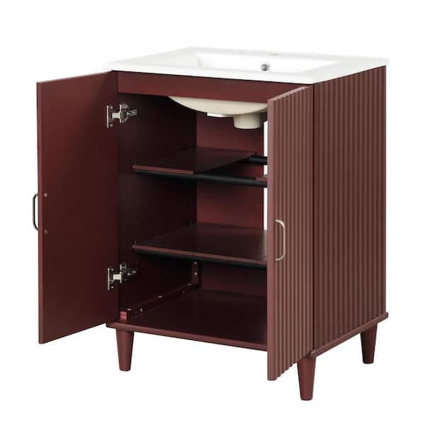 FUNKOL 24 inDx33 in H Modern Elegant Freestanding Bathroom Vanity with 1 Sink,Doors,Ceramic Top and Adjustable Shelves,Red