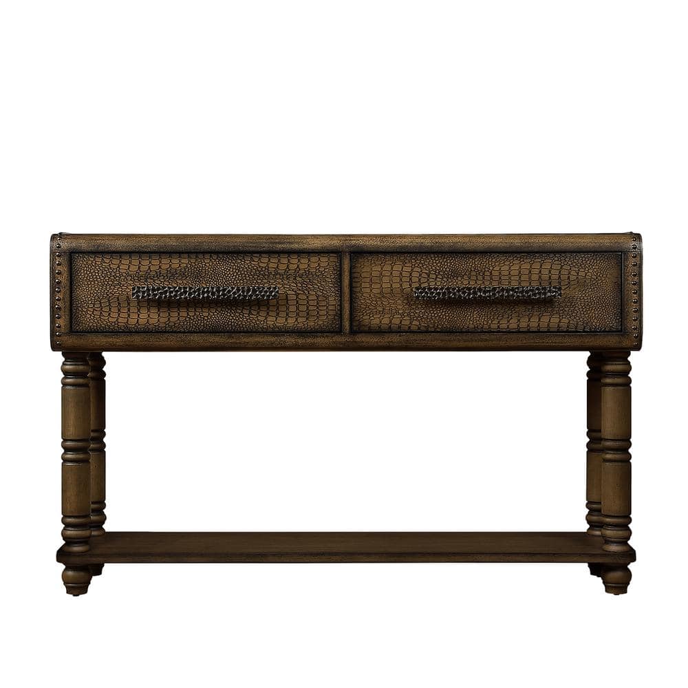 54 in. Antique Yellow Rectangle Pine Wood Console Table with 2-Drawers and 