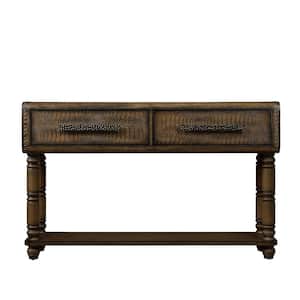 54 in. Antique Yellow Rectangle Pine Wood Console Table with 2-Drawers and 2-Power Outlets and USB Ports Easy Assembly