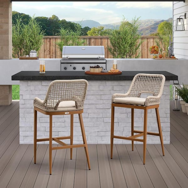 PURPLE LEAF Modern Aluminum Plaid Wicker Woven Bar Height Outdoor Bar Stool with Back and Cushion (2-Pack)