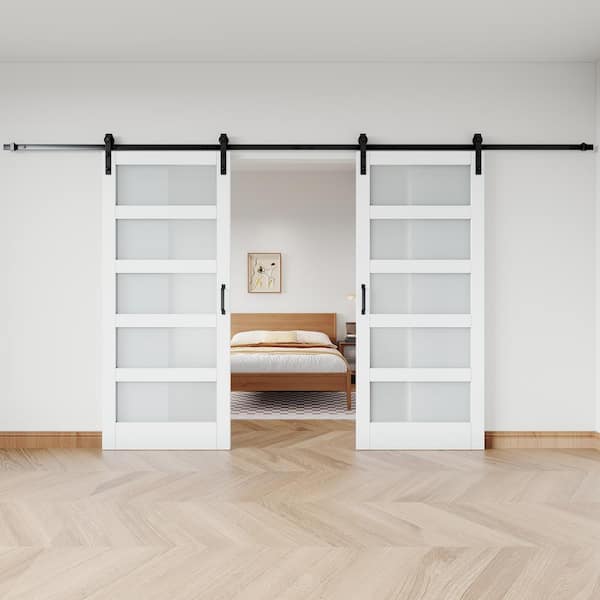 72 in. W. x 84 in. 5 Lite Tempered Frosted Glass White Primed MDF Wood Sliding Barn Door with Hardware Kit Soft Close