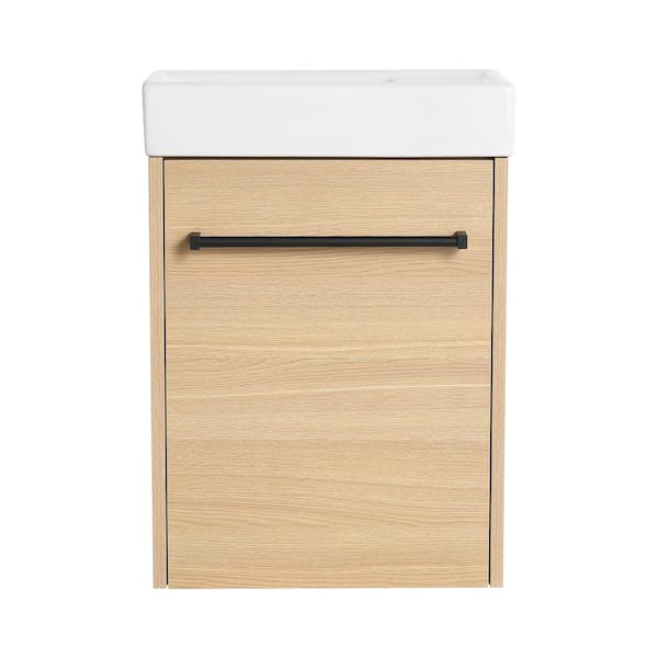 15.9 in. W x 8.8 in. D x 22.1 in. H Single Wall-Mounted Oak Bath Vanity with White Ceramic Vanity Top