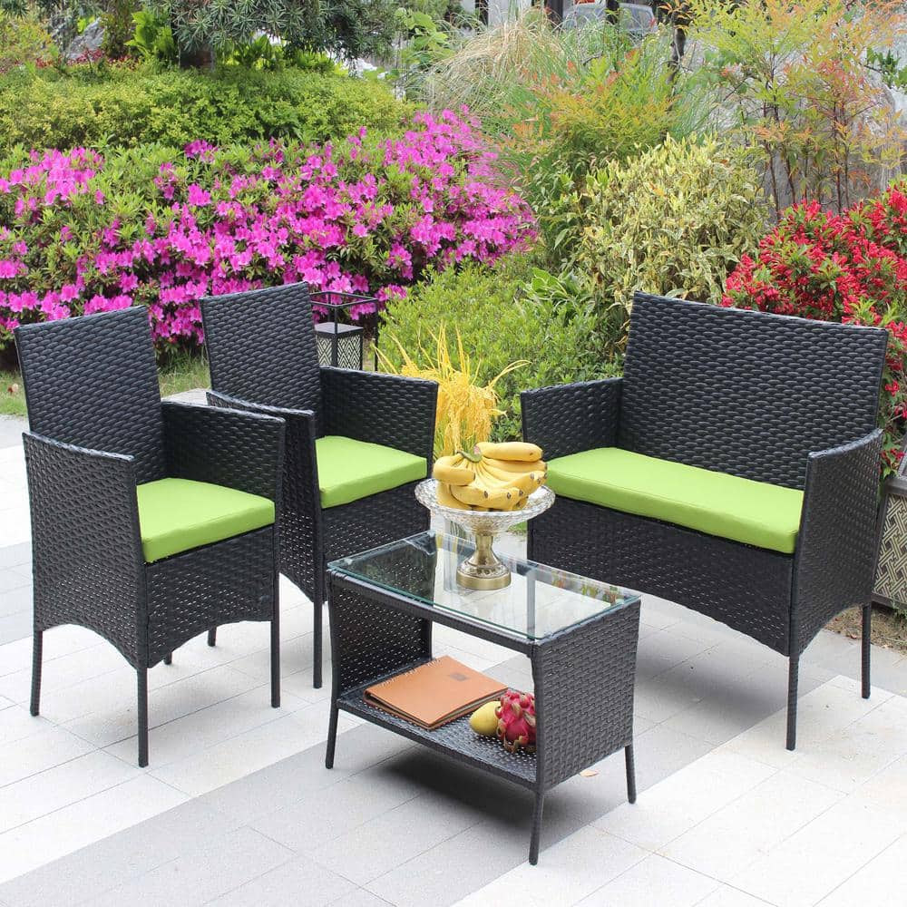 4-Piece Black Iron Wicker Patio Set with Green Cushions