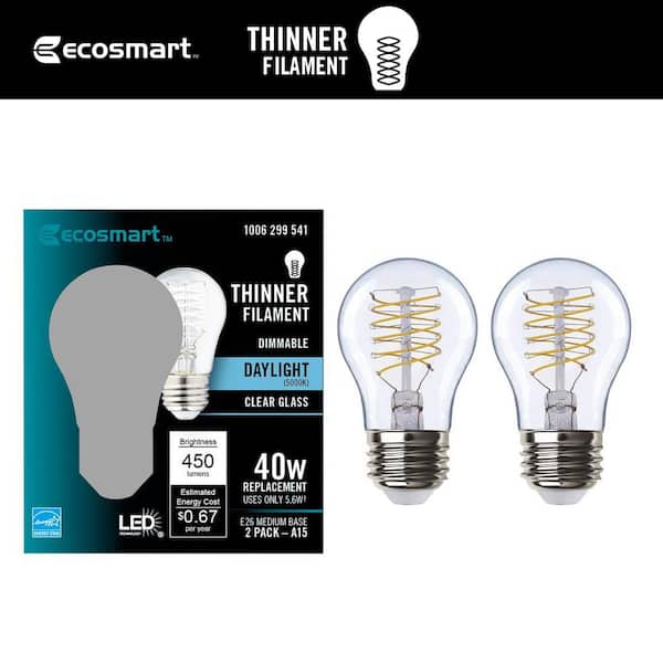 EcoSmart 40-Watt Equivalent A15 Dimmable Fine Bendy Filament LED Vintage Edison Light Bulb Daylight (2-Pack)