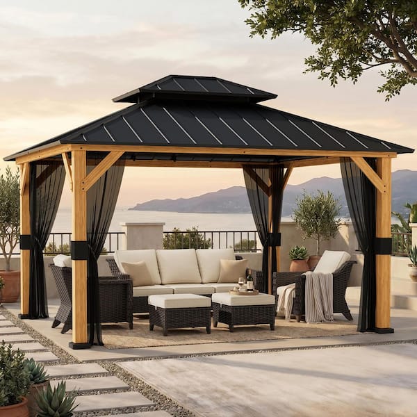 13 ft. x 11 ft. Outdoor Patio Wood Frame Hardtop Gazebo with Double Galvanized Steel Roof and Mosquito Netting