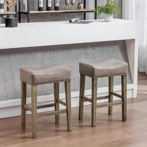 26 in. Gray Backless Wood Faux Leather Cushioned Barstools, Saddle Stools for Extension Counter (Set of 2)