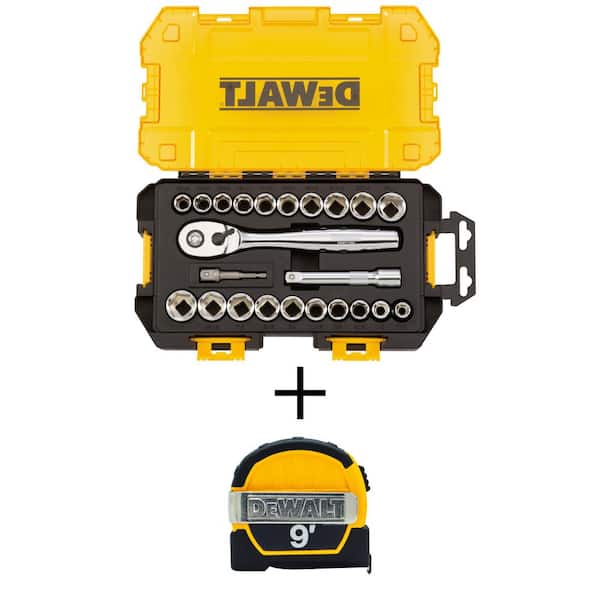DEWALT 1/2 in. Drive Combination Socket Set with Case (23-Piece) and 9 ft. x 1/2 in. Pocket Tape Measure with Magnetic Back