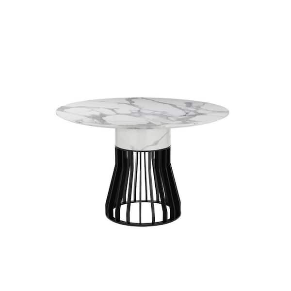 Benjara Jett Black and White Marble Round 47 in. Pedestal Base Dining Table Seats 4