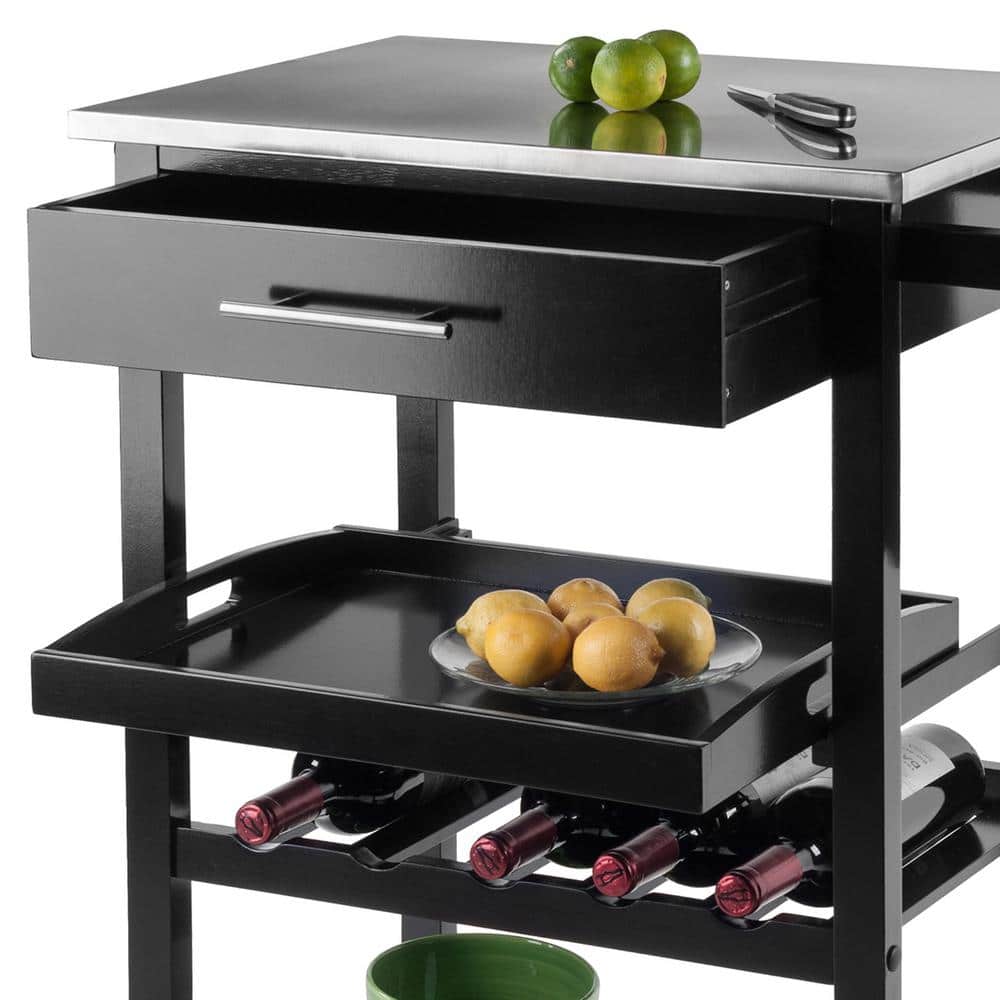 Black Stainless Steel Top Kitchen Cart with Wine Rack