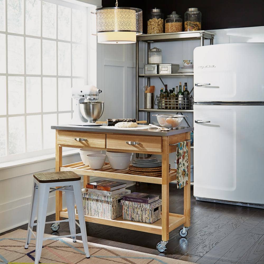 Natural Wood Kitchen Cart with Stainless Steel Top and Wine Rack