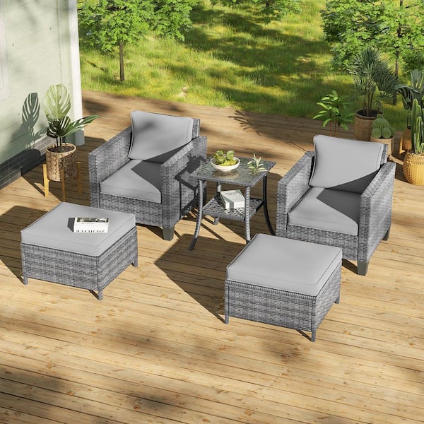 Sonkuki 5-Pieces Patio Conversation Set with Side Table, Outdoor Armchair and Ottomans Gray Wicker with Gray Cushions